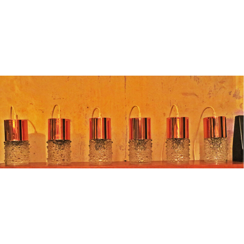 Set of 6 Doria Copper and Sculptural Glass Pendants - 1960s