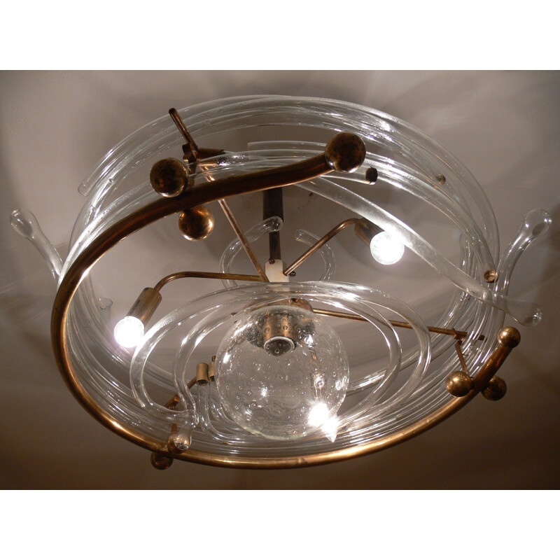 Vintage glass and brass chandelier by René Roubicek, 1960