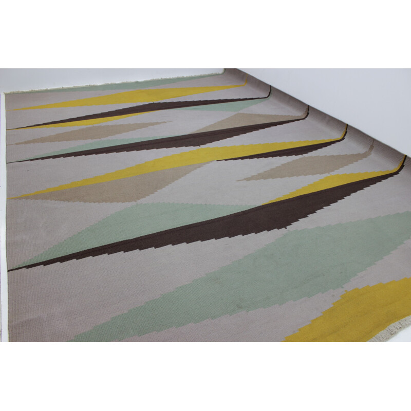Grand tapis Kilim géométrique moderniste par A.Kybal - 1960