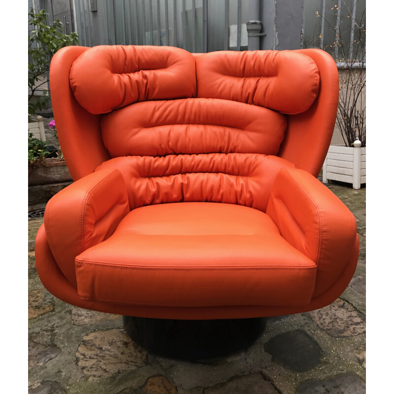 "Elda" armchair black orange leather by Joe Colombo for Comfort edition - 1970s