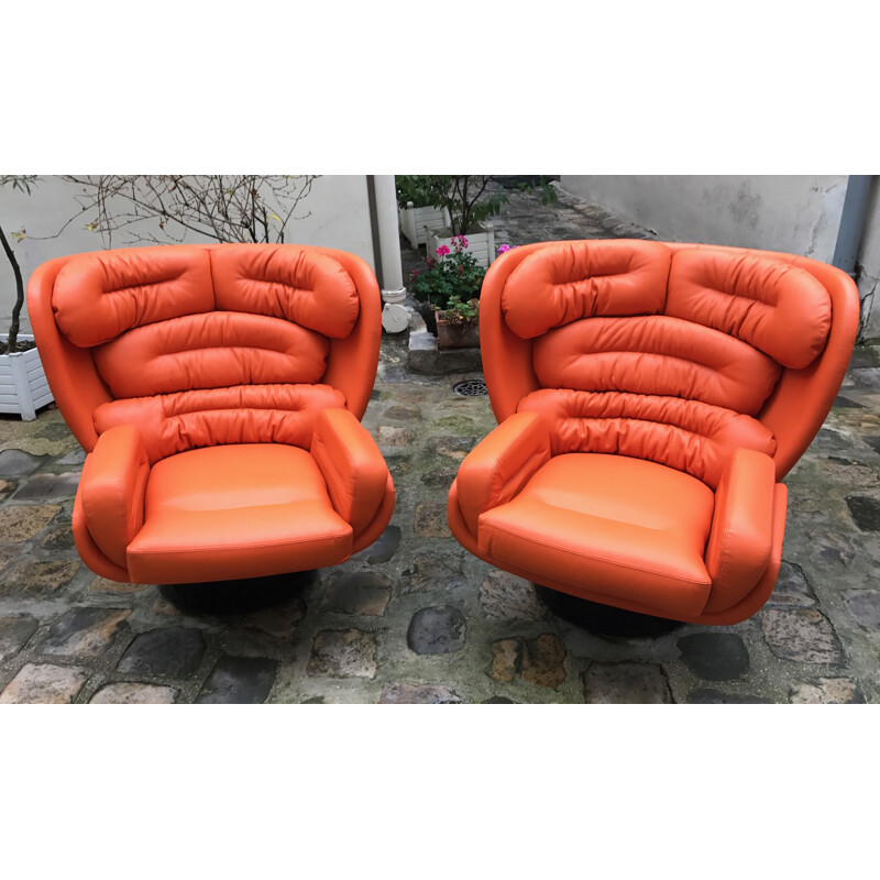 "Elda" armchair black orange leather by Joe Colombo for Comfort edition - 1970s