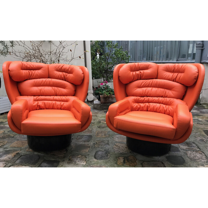 "Elda" armchair black orange leather by Joe Colombo for Comfort edition - 1970s