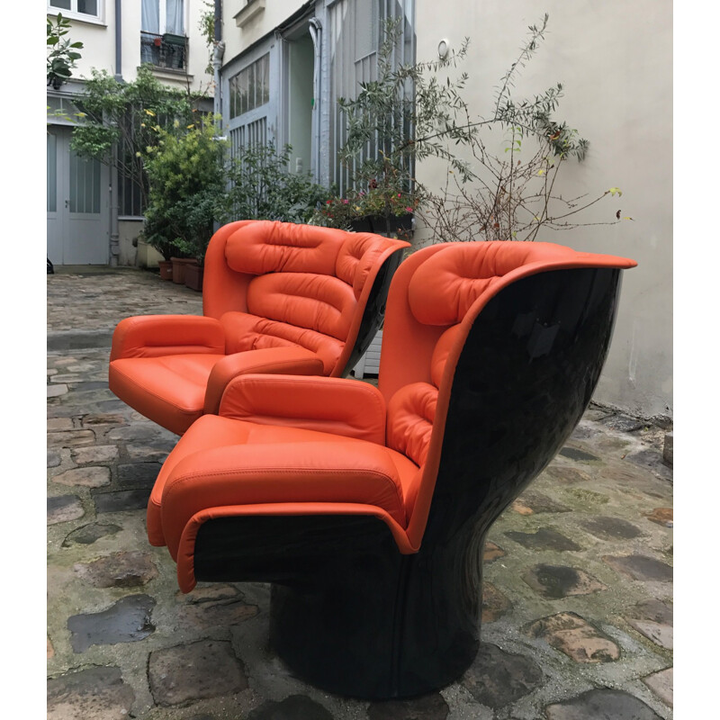 Fauteuil "Elda" en cuir orange et coque noir par Joe Colombo pour édition Comfort - 1970