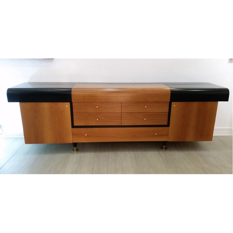 Vintage highboard in black lacquered wood and teak for Pierre Cardin - 1980s