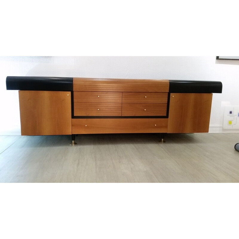 Buffet vintage bois lacqué noir et teck pour Pierre Cardin - 1980