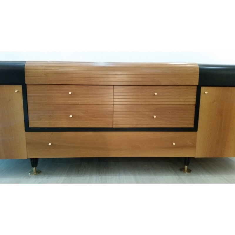 Buffet vintage bois lacqué noir et teck pour Pierre Cardin - 1980