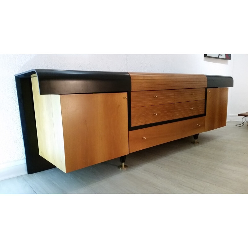 Vintage highboard in black lacquered wood and teak for Pierre Cardin - 1980s