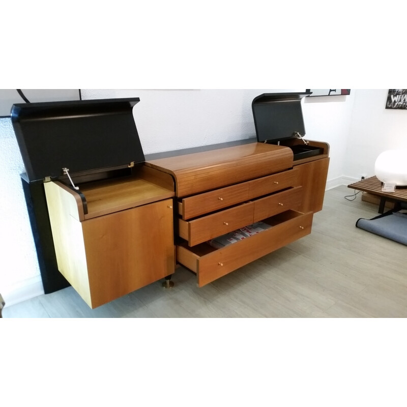 Vintage highboard in black lacquered wood and teak for Pierre Cardin - 1980s