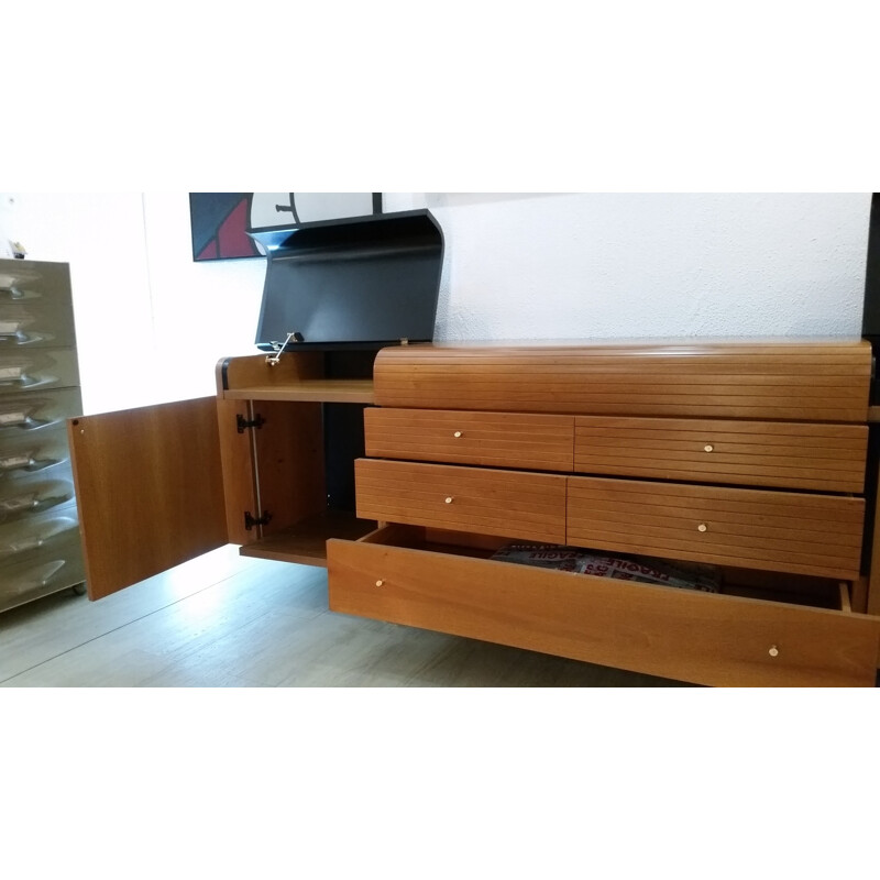 Vintage highboard in black lacquered wood and teak for Pierre Cardin - 1980s