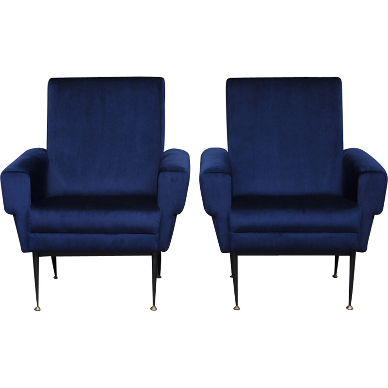 Armchairs in Parisian blue velvet - 1950s