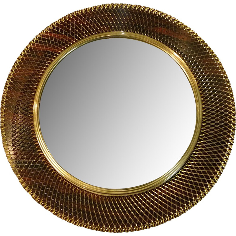 Vintage Brass Wire Mesh Wall Mirror - 1950s