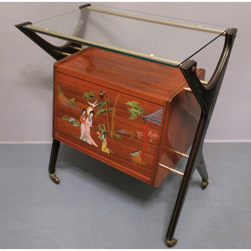 Vintage Italian Bar Cart  with Bright Yellow Interior - 1950s