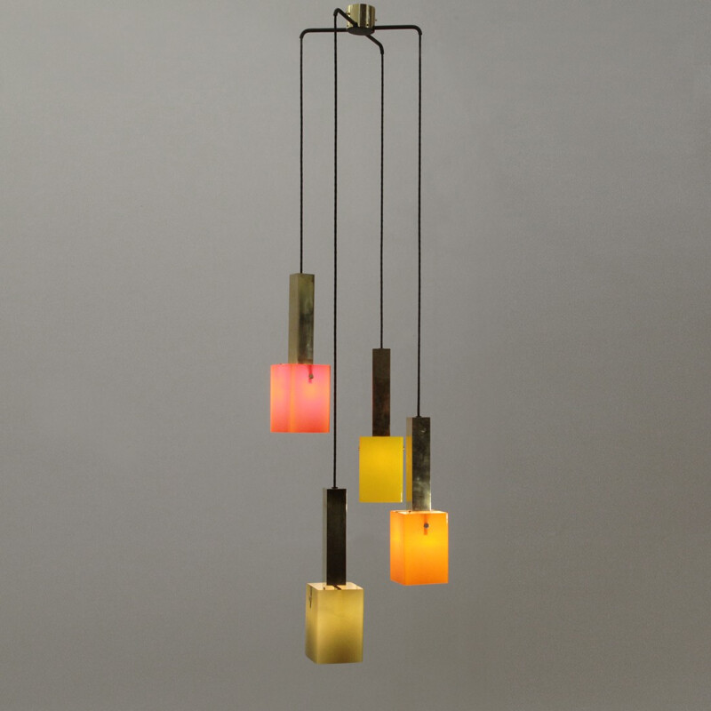Four pendants chandelier in brass and glass by Stilnovo - 1950s