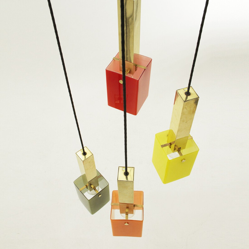 Four pendants chandelier in brass and glass by Stilnovo - 1950s