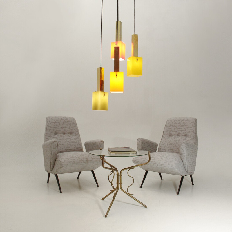 Four pendants chandelier in brass and glass by Stilnovo - 1950s