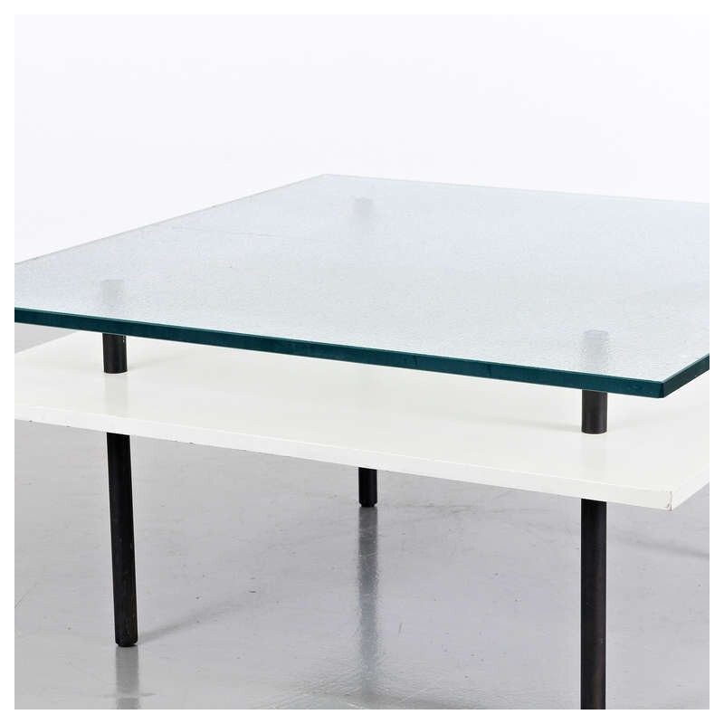 Vintage coffee table in wood and thick glass by De Wit, Netherlands 1950