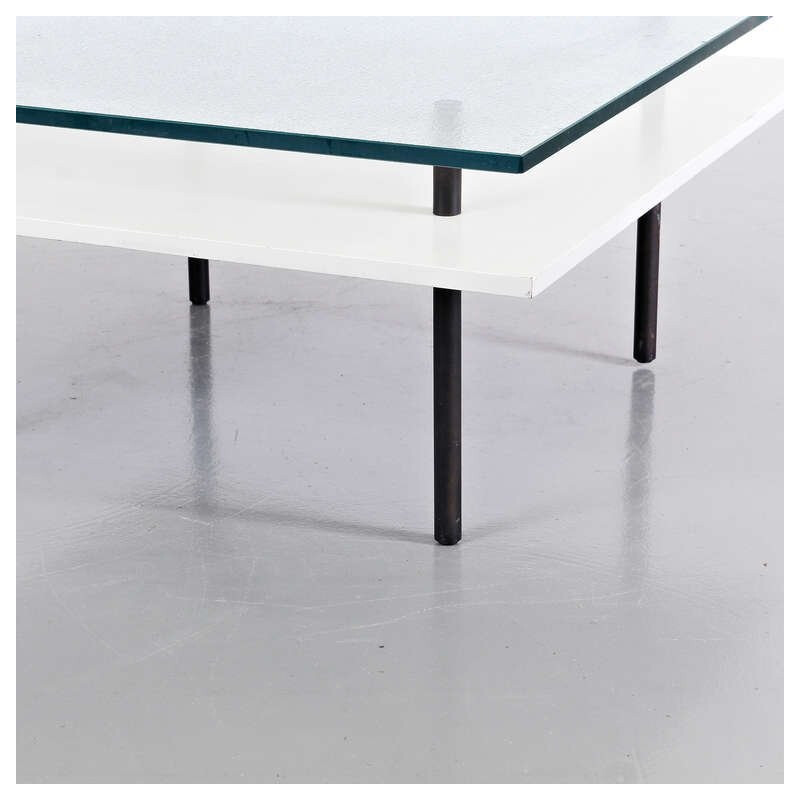Vintage coffee table in wood and thick glass by De Wit, Netherlands 1950
