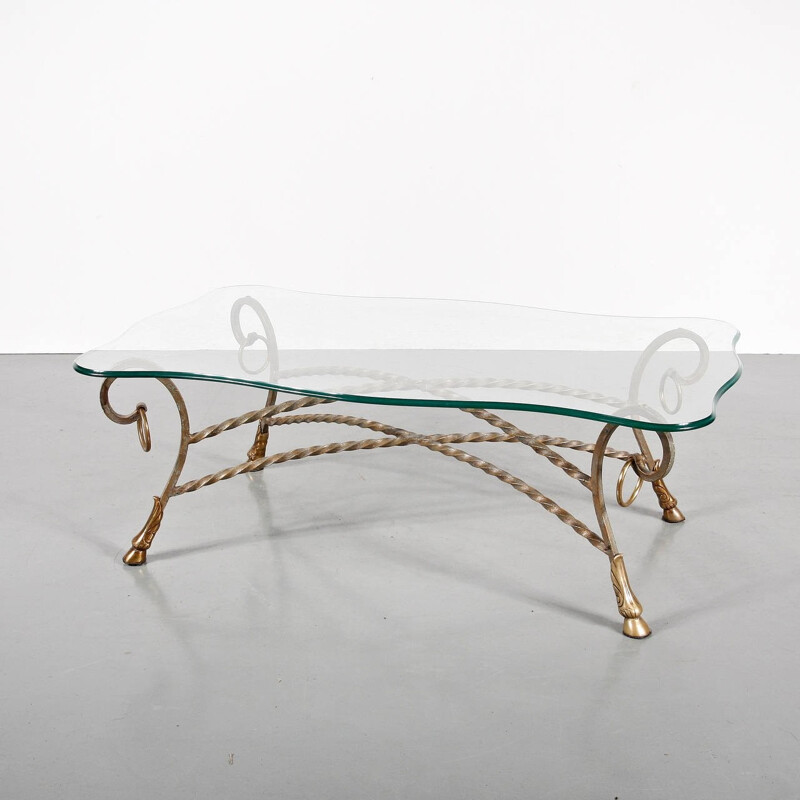 Vintage glass and brass coffee table, France 1960