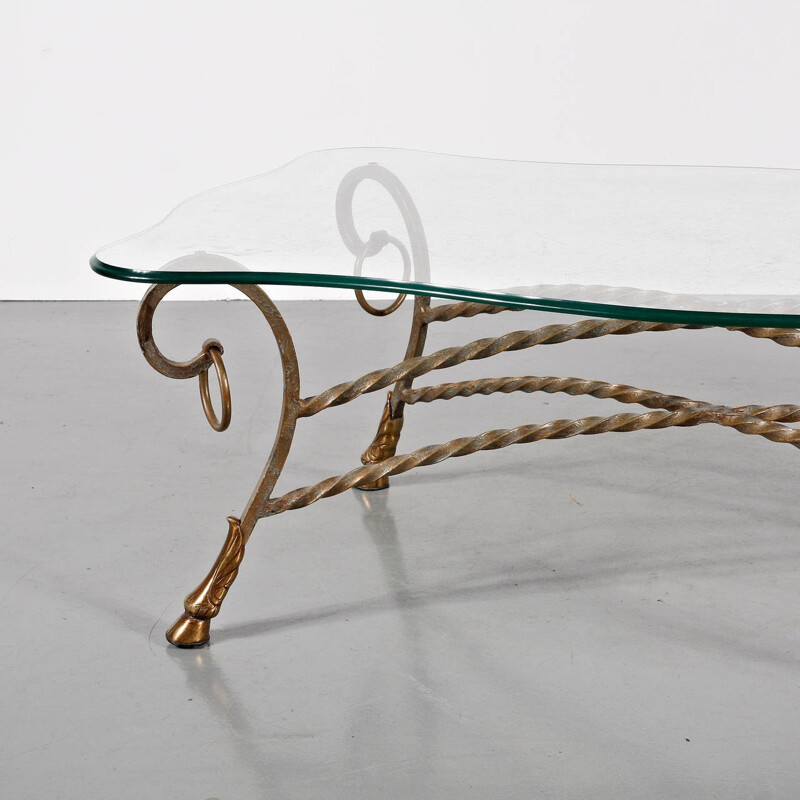 Vintage glass and brass coffee table, France 1960