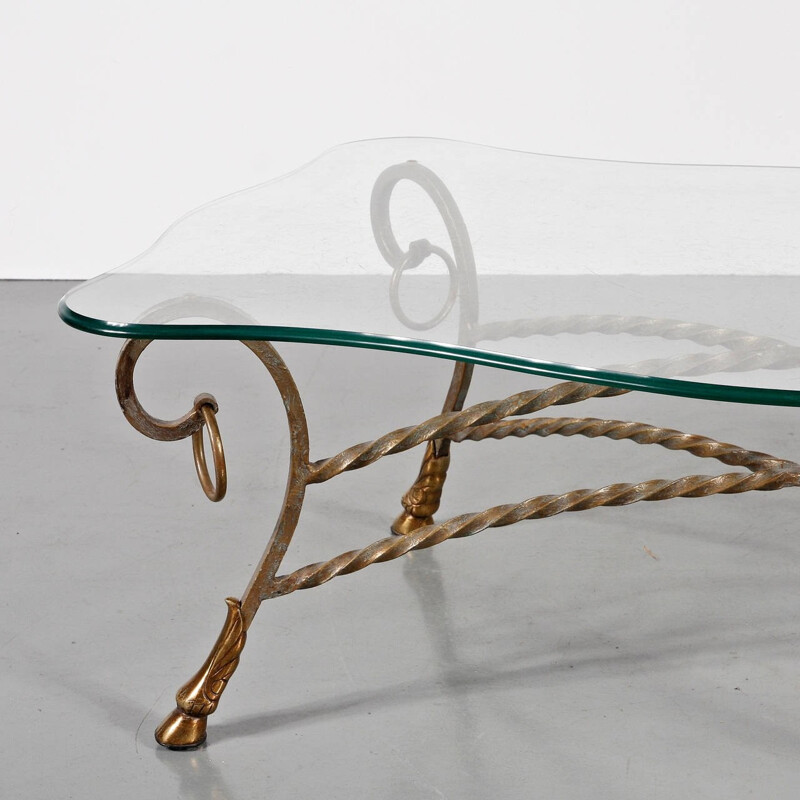 Vintage glass and brass coffee table, France 1960