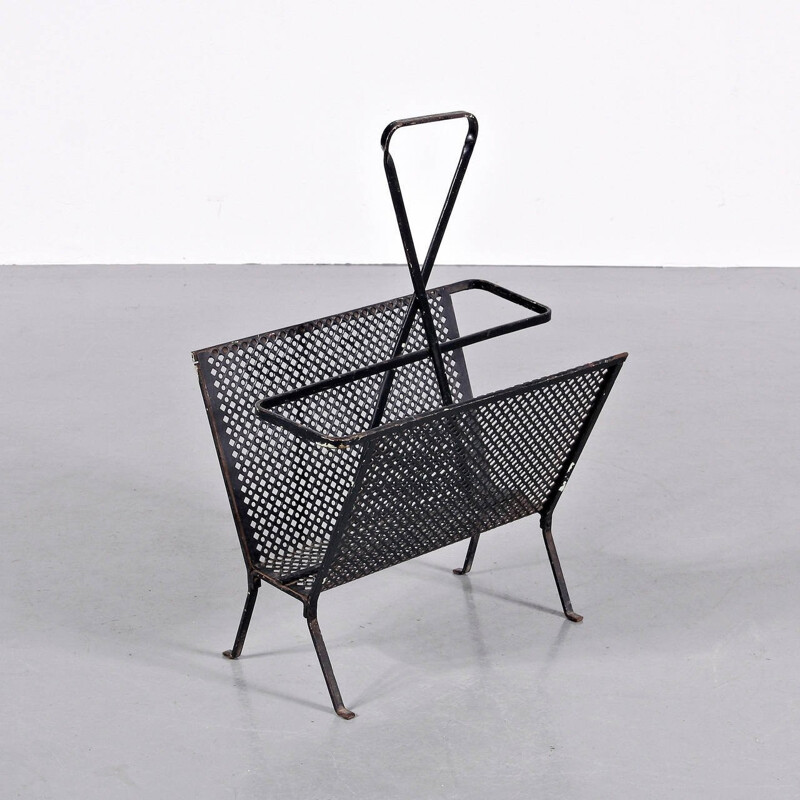 Black vintage magazine rack in perforated metal by Mathieu Matégot, France 1950