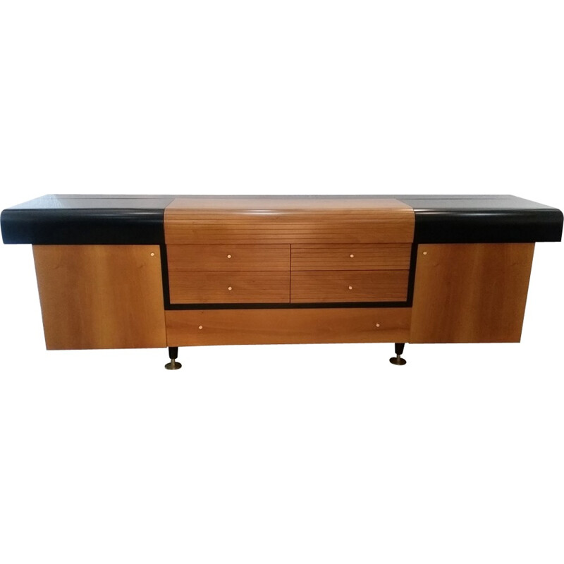 Vintage highboard in black lacquered wood and teak for Pierre Cardin - 1980s