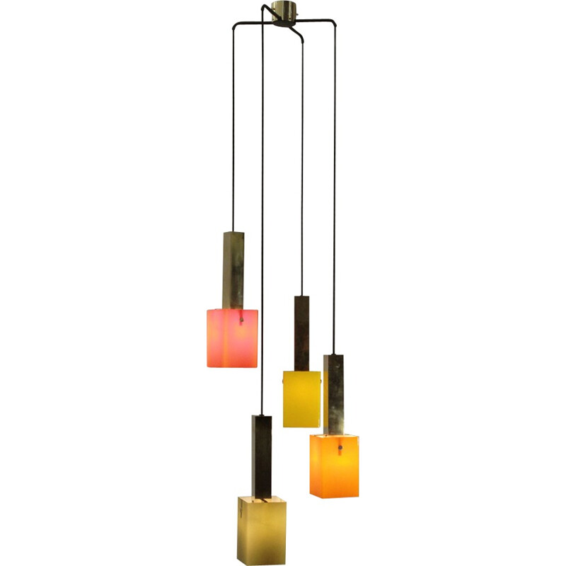 Four pendants chandelier in brass and glass by Stilnovo - 1950s