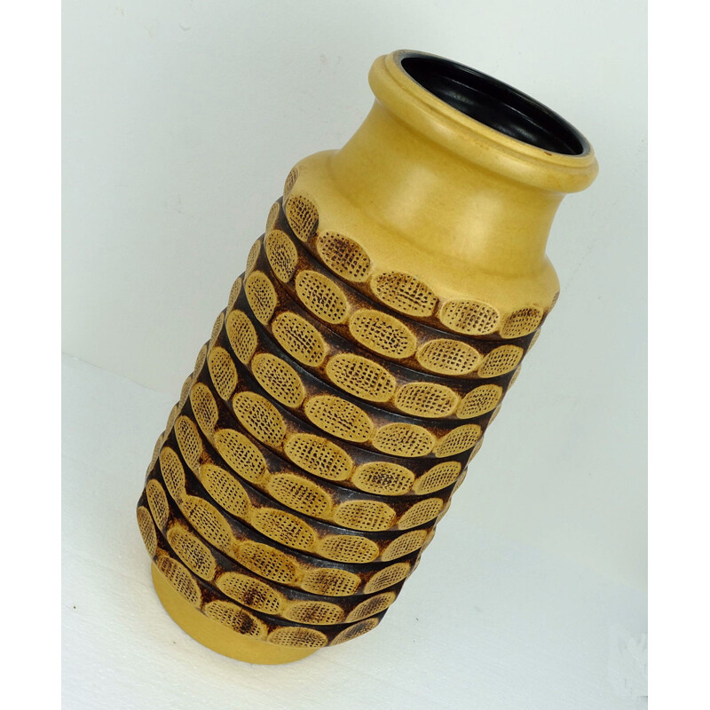 Floor vase ochre and dark brown glaze with abstract relief decor by Jasba Keramik - 1960s