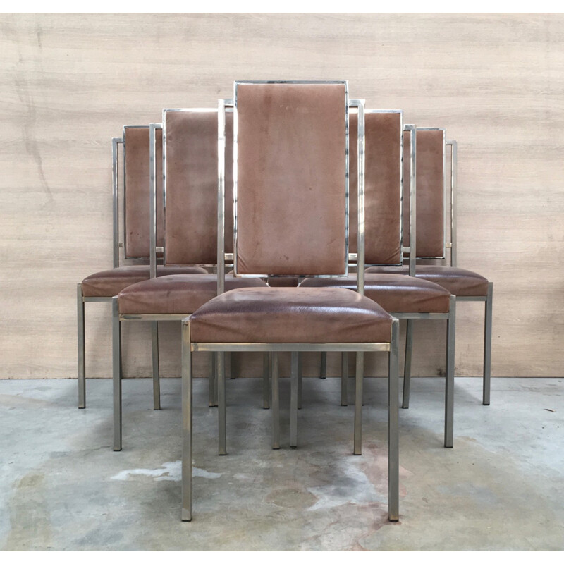 Suite de 6 chaises à repas en daim et chrome - 1980