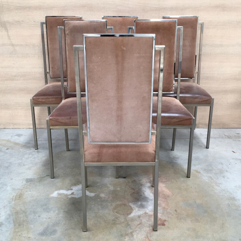 Set of 6 suede and chrome dining chairs - 1980s