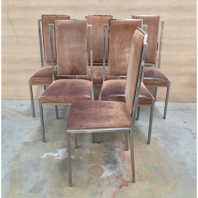 Suite de 6 chaises à repas en daim et chrome - 1980