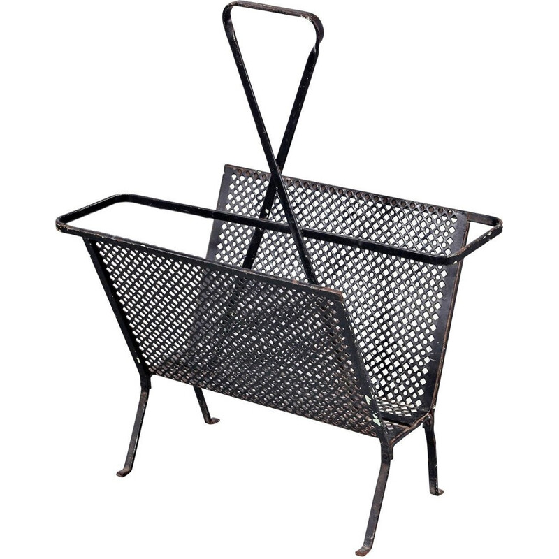 Black vintage magazine rack in perforated metal by Mathieu Matégot, France 1950