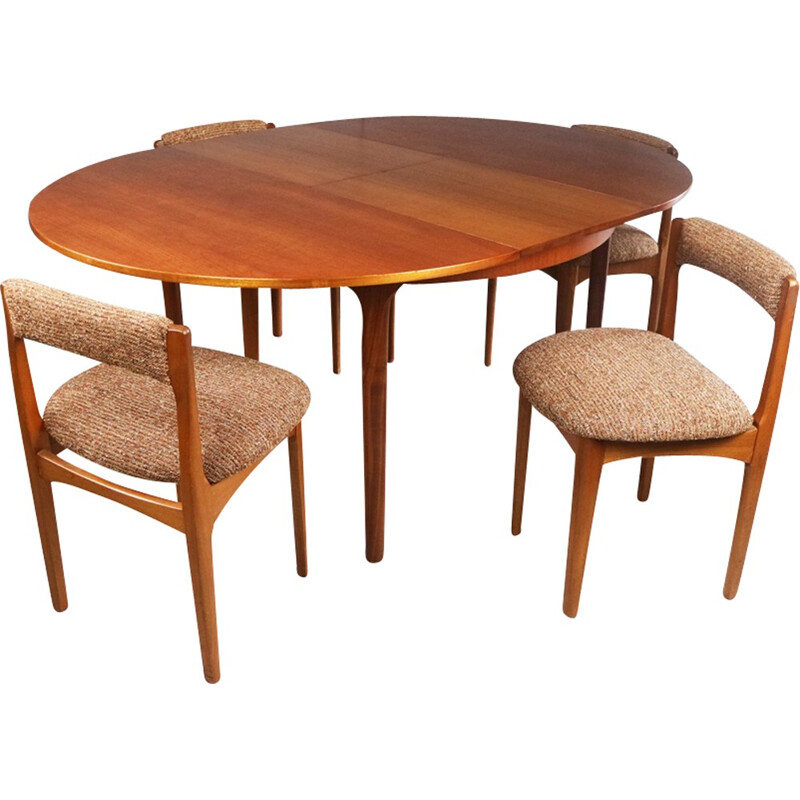 Vintage Mcintosh dining table set and 6 upholstered wool chairs - 1970s