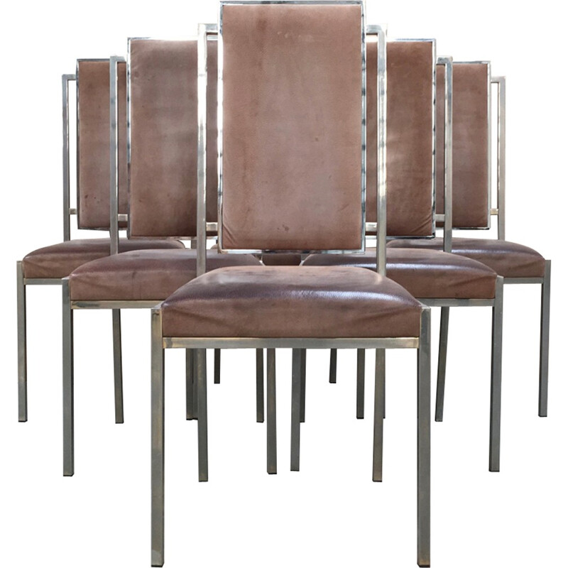 Set of 6 suede and chrome dining chairs - 1980s