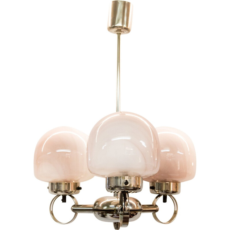 Vintage Chandelier with Chrome Plated Frame and Glass Shades - 1960s