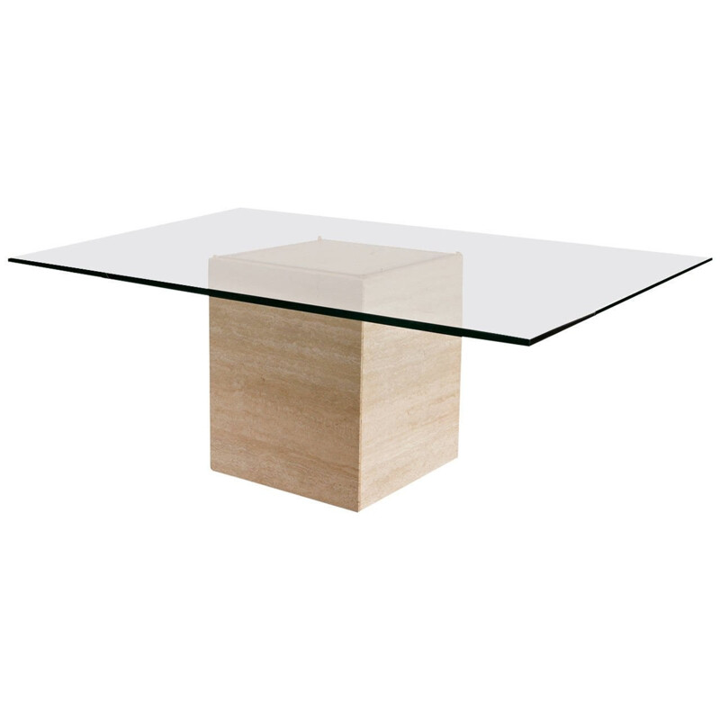 Glass and Travertine Coffee Table by Roger Vanhevel - 1970s 