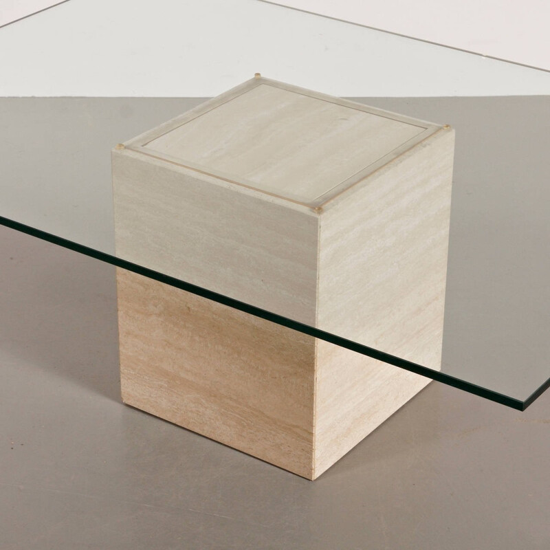Glass and Travertine Coffee Table by Roger Vanhevel - 1970s 