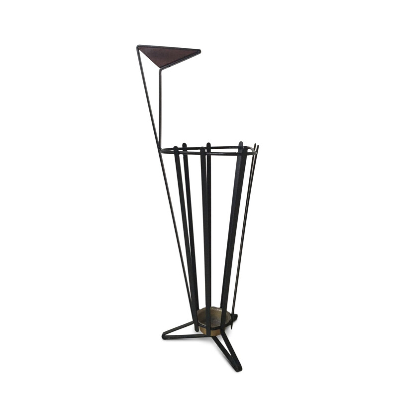 Vintage metal and teak tripod umbrella stand, Europe 1950