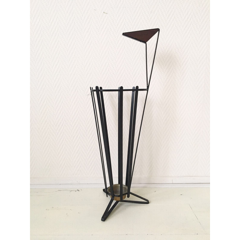 Vintage metal and teak tripod umbrella stand, Europe 1950