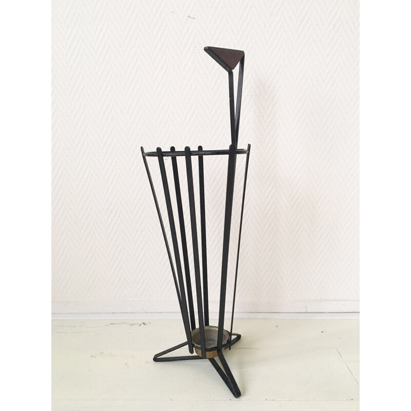 Vintage metal and teak tripod umbrella stand, Europe 1950