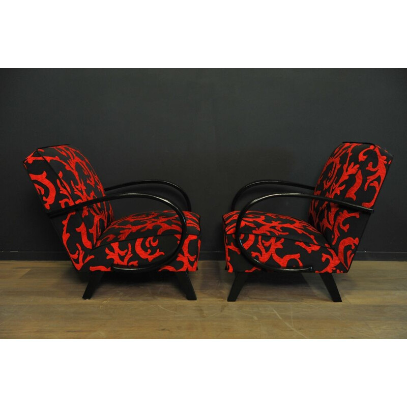 Pair of armchairs in wodd and fabric, Jindrich HALABALA - 1940s