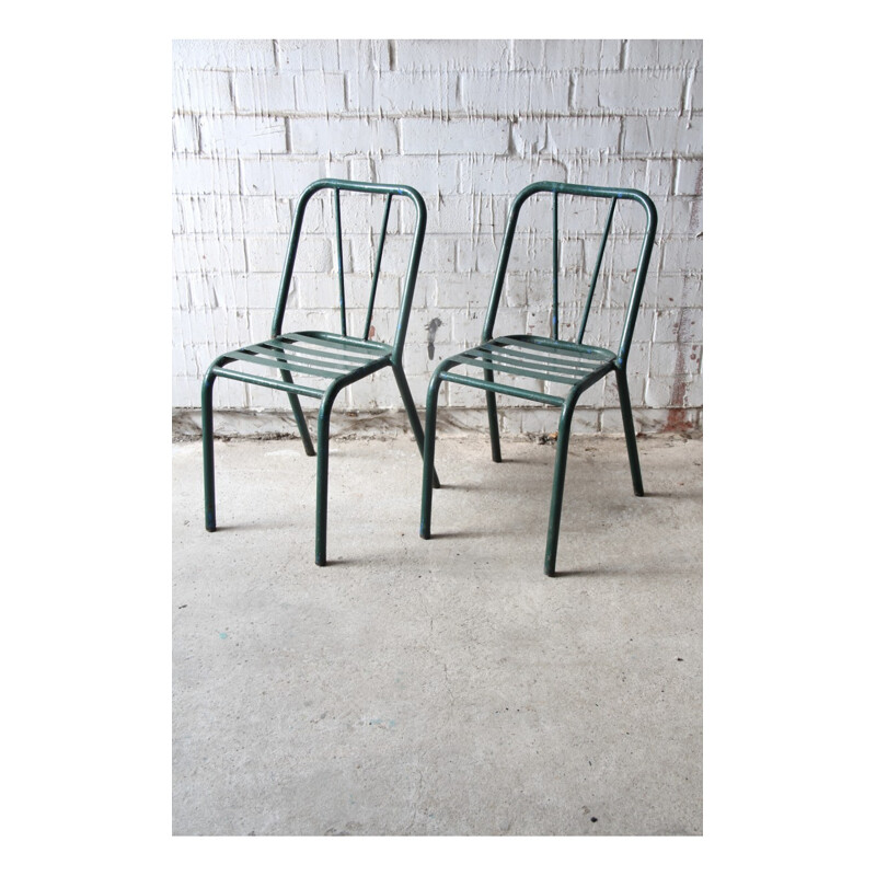 Suite de 2 Chaises "Bistro"  Vintage en Métal Vert - 1940