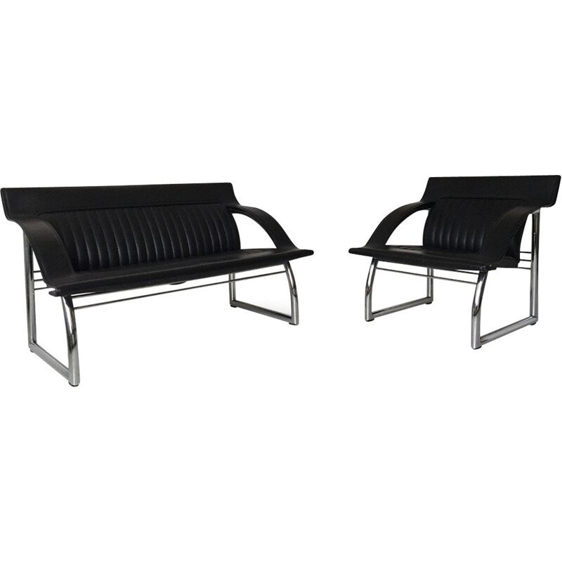 Sofá y sillón de cuero negro Raro De Sede DS-127 por Gerd Lang - 1980