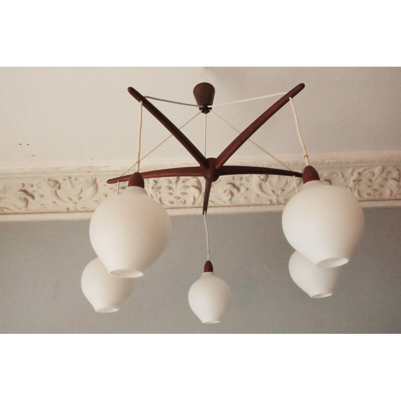 Swedish Octopus-Shaped Teak & Opaline Glass Chandelier - 1950s