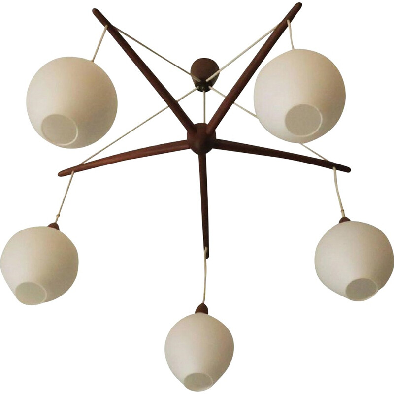 Swedish Octopus-Shaped Teak & Opaline Glass Chandelier - 1950s