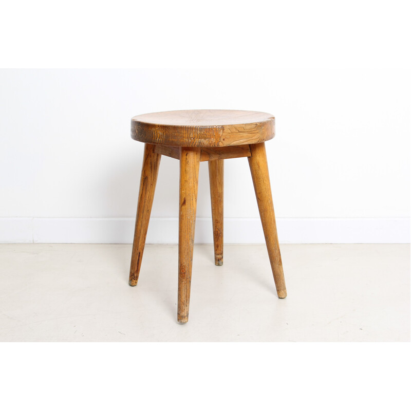 Stool in solid pine, Pierre JEANNERET -  1960s