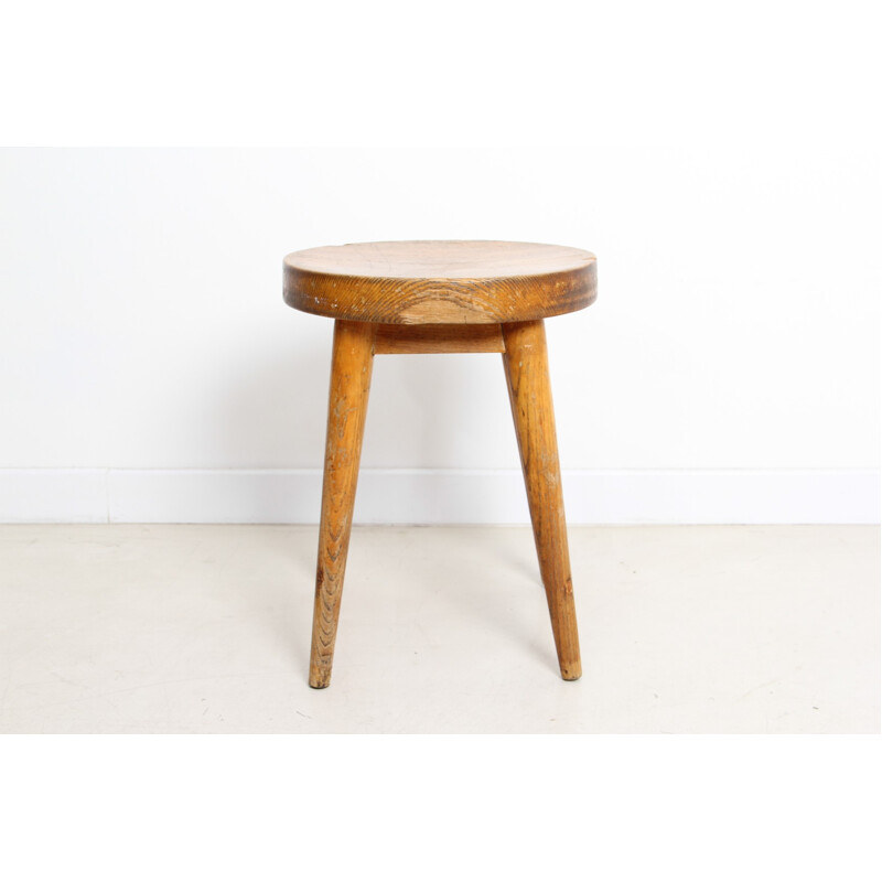 Stool in solid pine, Pierre JEANNERET -  1960s