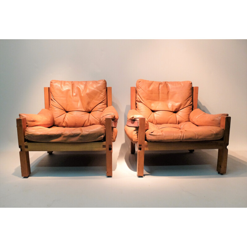 Pair of brown armchairs "S15" by Pierre Chapo - 1970s