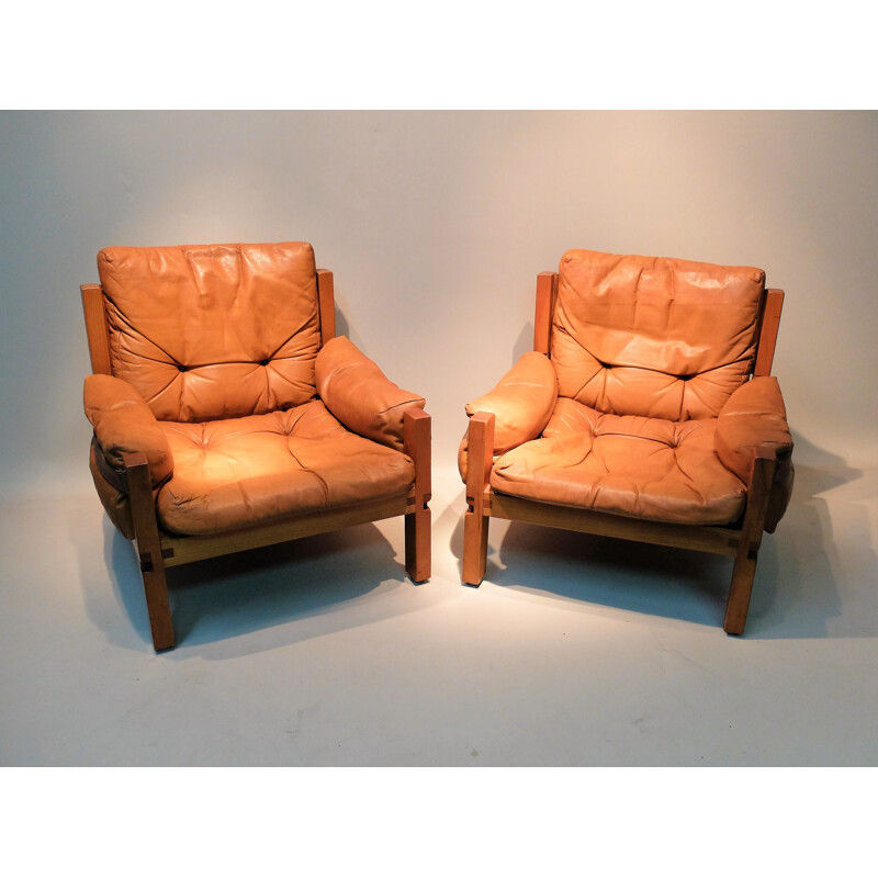 Pair of brown armchairs "S15" by Pierre Chapo - 1970s