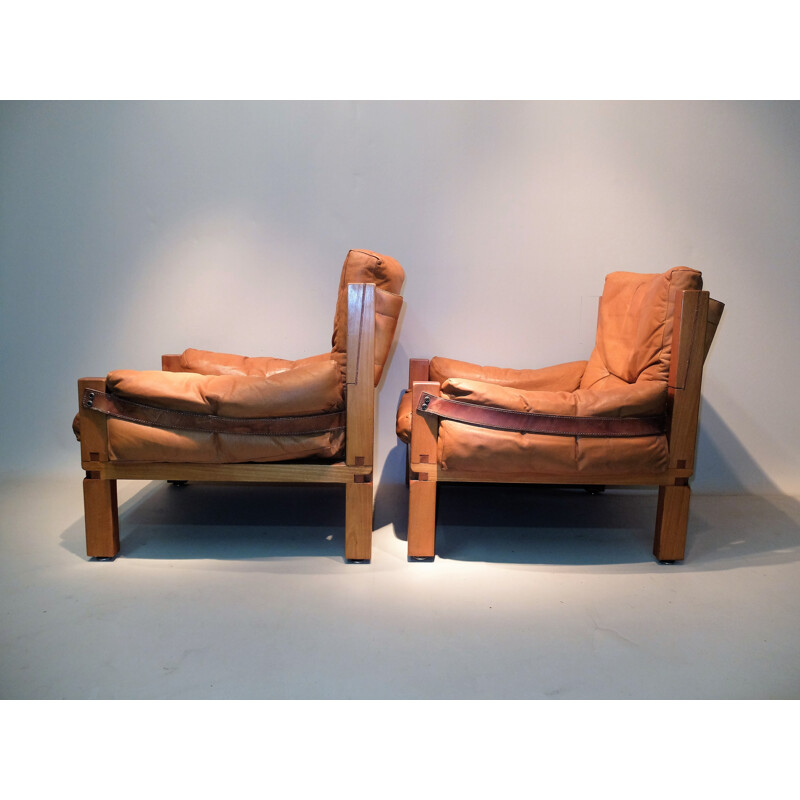 Pair of brown armchairs "S15" by Pierre Chapo - 1970s